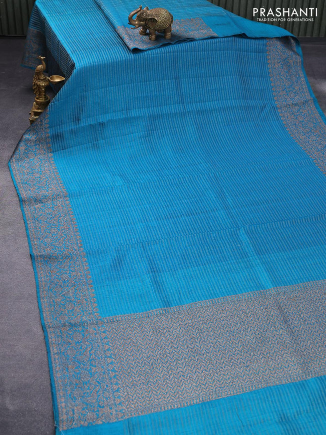 Banarasi raw silk saree rama blue with allover zari stripe pattern and woven border