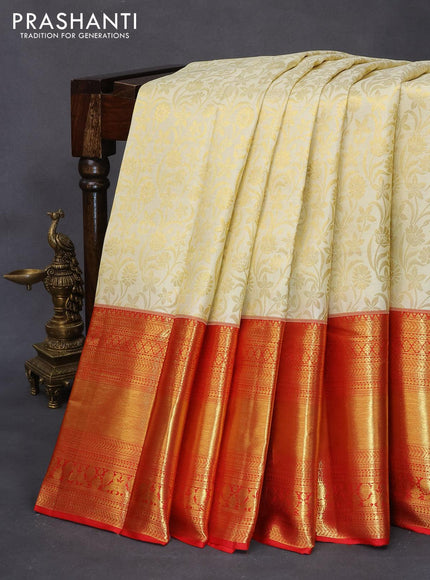 Pure kanjivaram silk saree cream and red with allover floral zari woven brocade weaves and long rich zari woven annam border