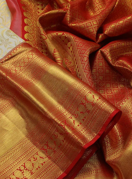 Pure kanjivaram silk saree cream and red with allover floral zari woven brocade weaves and long rich zari woven annam border