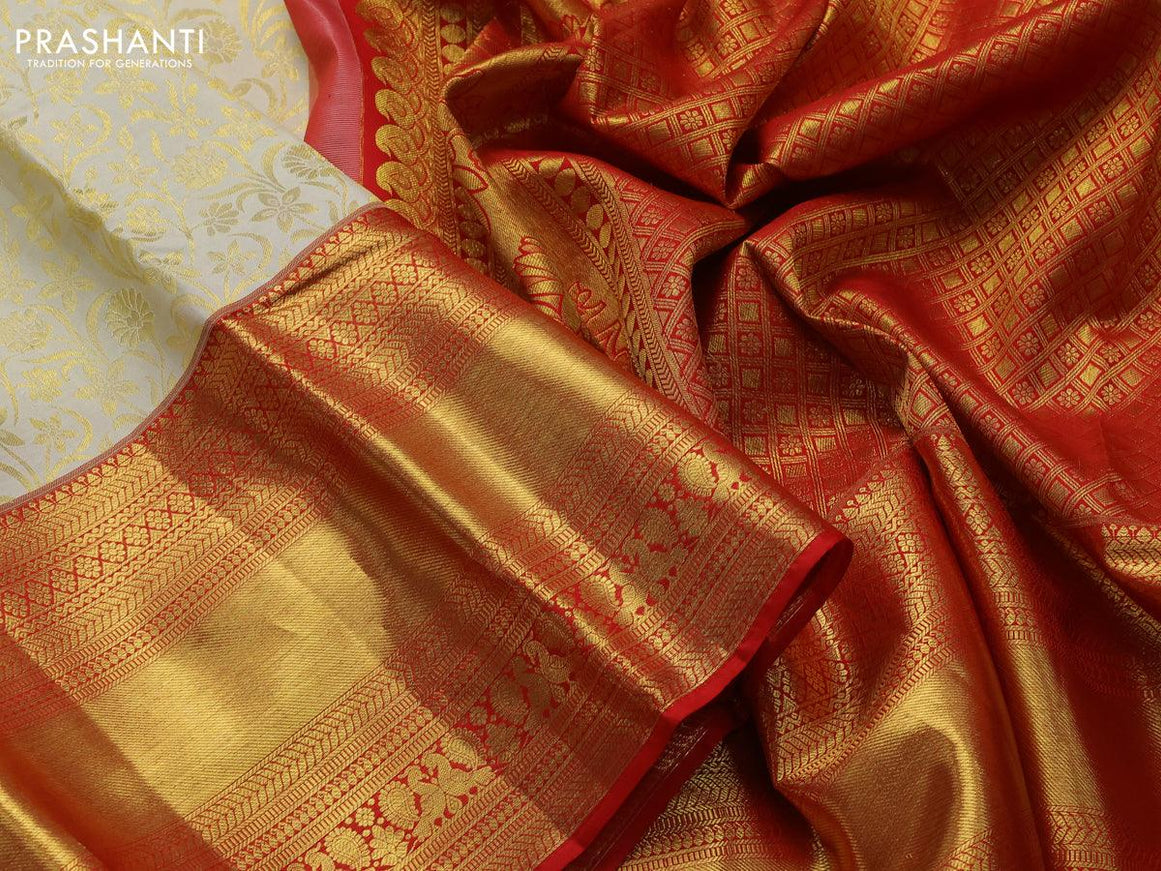 Pure kanjivaram silk saree cream and red with allover floral zari woven brocade weaves and long rich zari woven annam border