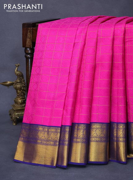 Pure kanjivaram silk saree pink and dark blue with allover self emboss & zari checks and rich annam zari woven border