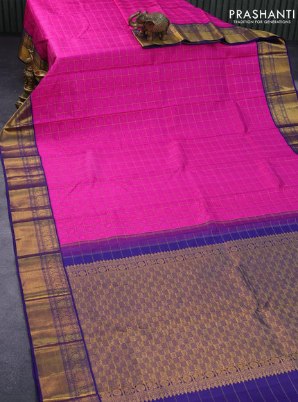 Pure kanjivaram silk saree pink and dark blue with allover self emboss & zari checks and rich annam zari woven border