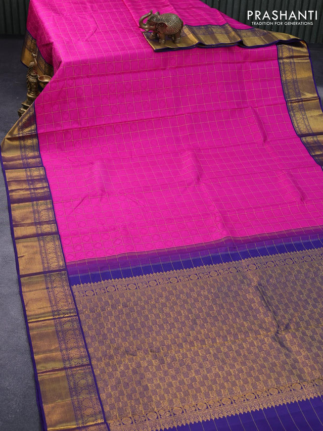 Pure kanjivaram silk saree pink and dark blue with allover self emboss & zari checks and rich annam zari woven border