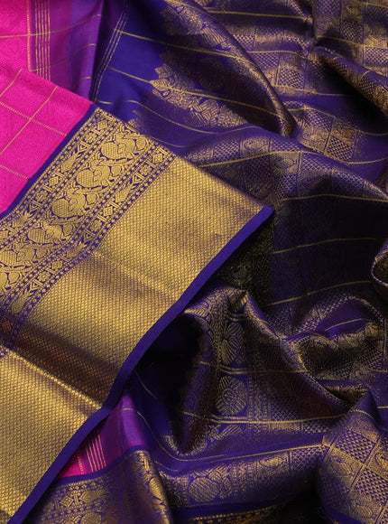 Pure kanjivaram silk saree pink and dark blue with allover self emboss & zari checks and rich annam zari woven border