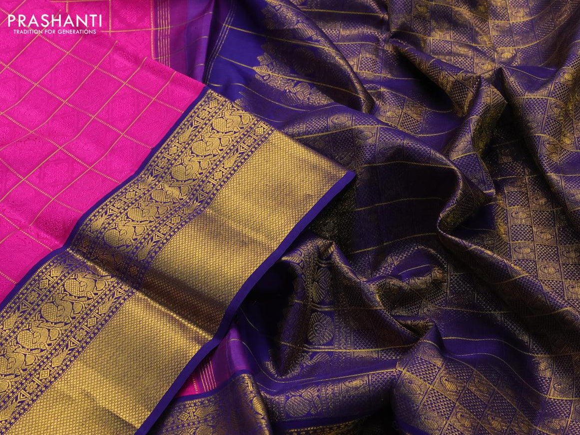 Pure kanjivaram silk saree pink and dark blue with allover self emboss & zari checks and rich annam zari woven border