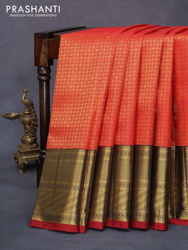 Pure kanjivaram silk saree red and black with allover zari woven brocade weaves and rich zari woven border