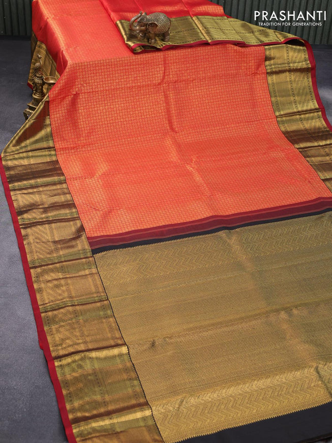 Pure kanjivaram silk saree red and black with allover zari woven brocade weaves and rich zari woven border