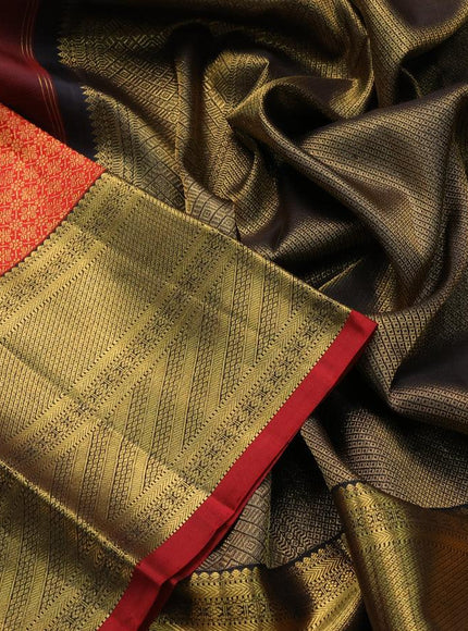 Pure kanjivaram silk saree red and black with allover zari woven brocade weaves and rich zari woven border