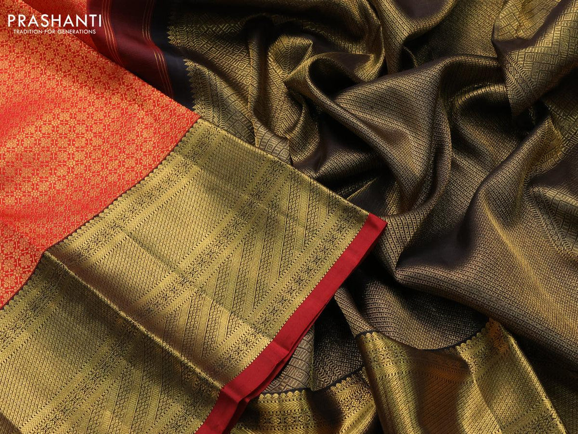 Pure kanjivaram silk saree red and black with allover zari woven brocade weaves and rich zari woven border