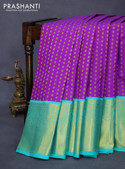 Pure kanjivaram silk saree violet and teal blue with allover zari woven butta weaves and long annam & rudhraksha zari woven border