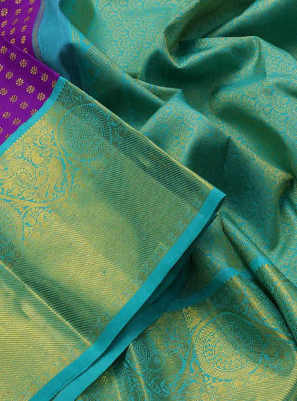 Pure kanjivaram silk saree violet and teal blue with allover zari woven butta weaves and long annam & rudhraksha zari woven border