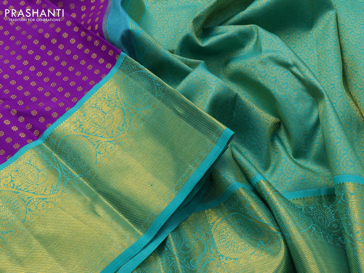 Pure kanjivaram silk saree violet and teal blue with allover zari woven butta weaves and long annam & rudhraksha zari woven border