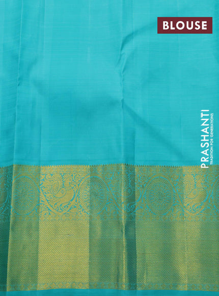 Pure kanjivaram silk saree violet and teal blue with allover zari woven butta weaves and long annam & rudhraksha zari woven border