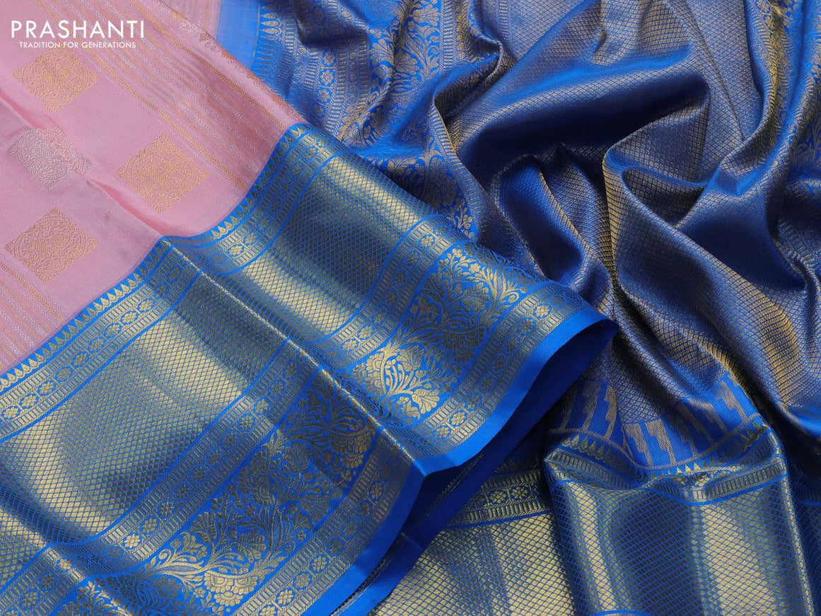 Pure kanjivaram silk saree light pink and cs blue with allover silver & gold zari weaves & buttas and long rich zari woven border