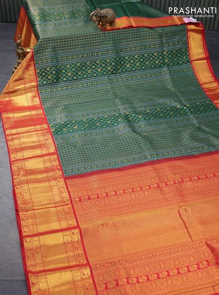 Pure kanjivaram silk saree dark green and red with allover silver & gold zari woven brocade weaves and long rich zari woven border