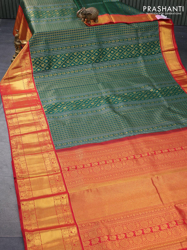 Pure kanjivaram silk saree dark green and red with allover silver & gold zari woven brocade weaves and long rich zari woven border