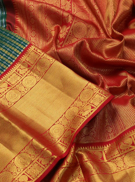 Pure kanjivaram silk saree dark green and red with allover silver & gold zari woven brocade weaves and long rich zari woven border