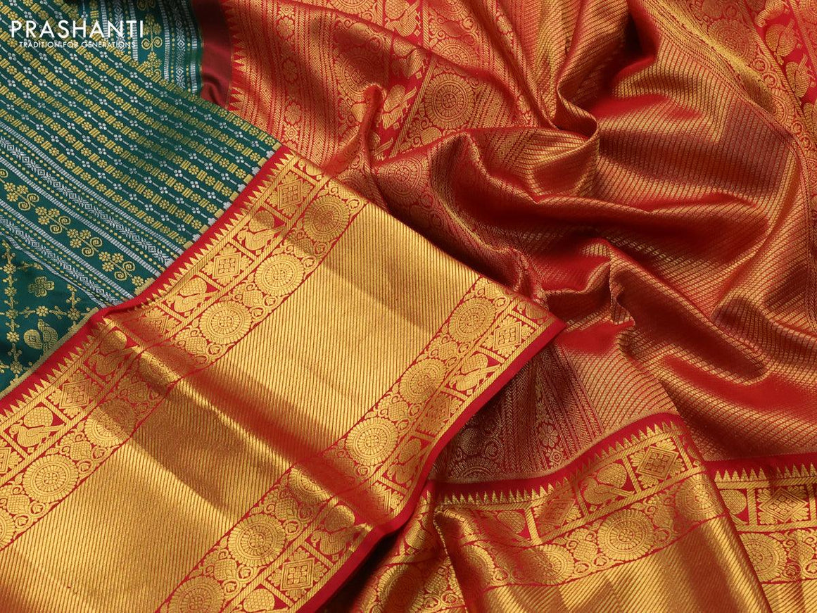 Pure kanjivaram silk saree dark green and red with allover silver & gold zari woven brocade weaves and long rich zari woven border