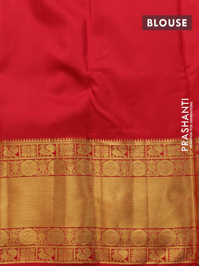 Pure kanjivaram silk saree dark green and red with allover silver & gold zari woven brocade weaves and long rich zari woven border