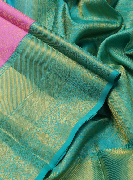 Pure kanjivaram silk saree light pink and teal green with allover zari weaves and long rich zari woven border