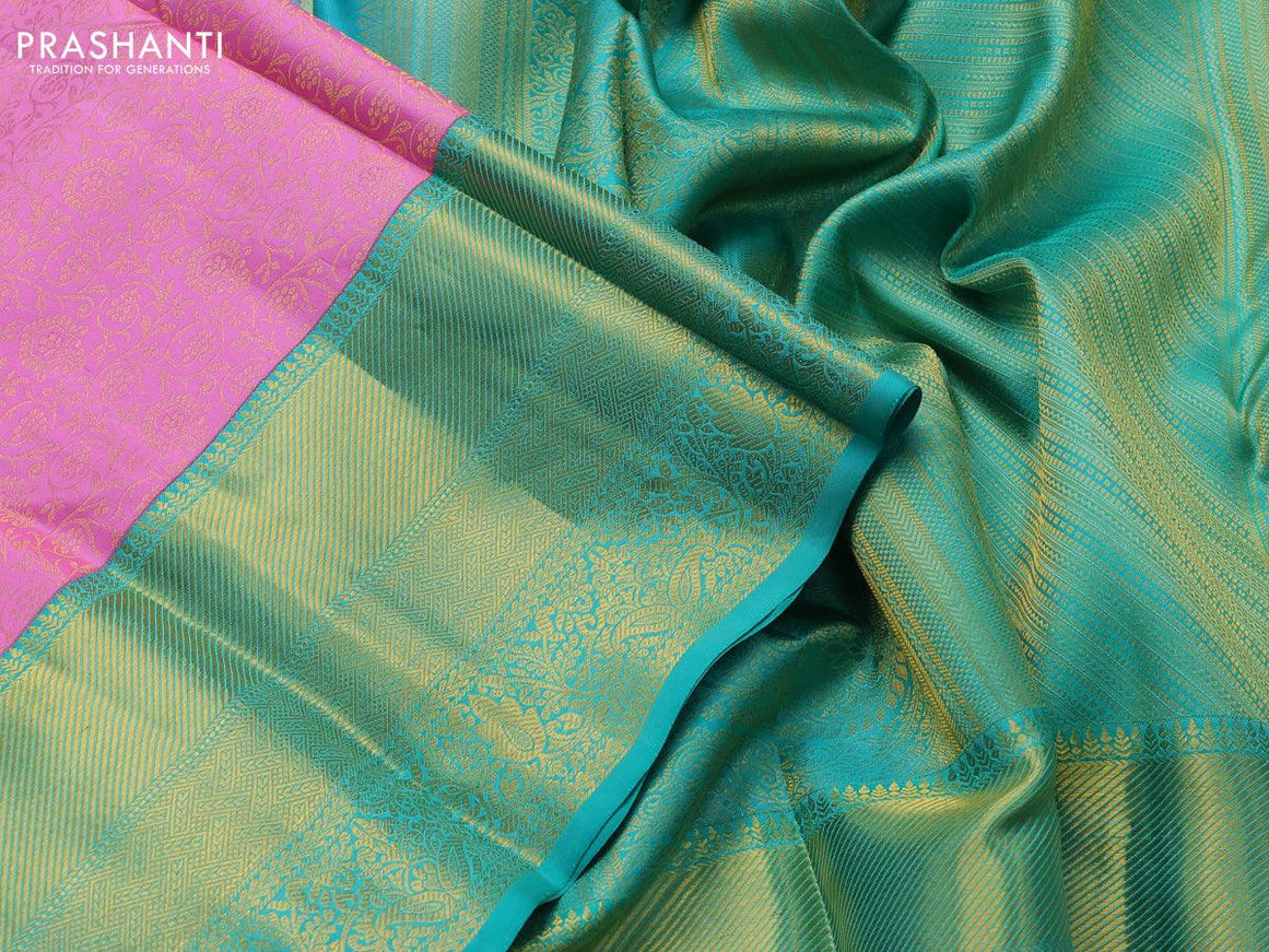 Pure kanjivaram silk saree light pink and teal green with allover zari weaves and long rich zari woven border