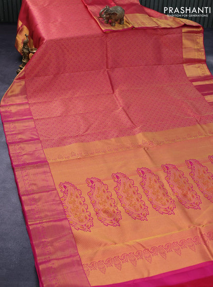 Pure kanjivaram silk saree dark pink with allover zari woven brocade weaves and rich zari woven paisley border