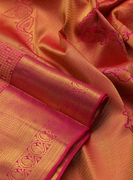 Pure kanjivaram silk saree dark pink with allover zari woven brocade weaves and rich zari woven paisley border