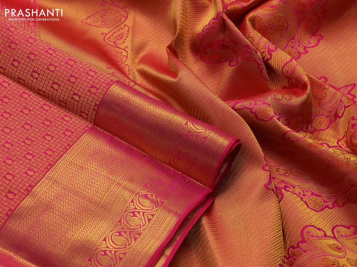 Pure kanjivaram silk saree dark pink with allover zari woven brocade weaves and rich zari woven paisley border