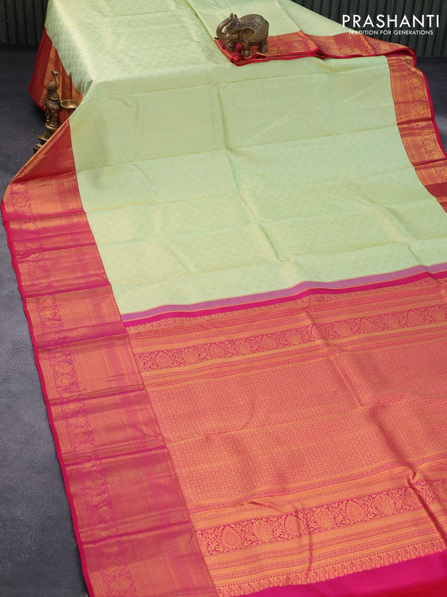 Pure kanjivaram silk saree pista green and pink with allover zari woven brocade weaves and long rich zari woven border