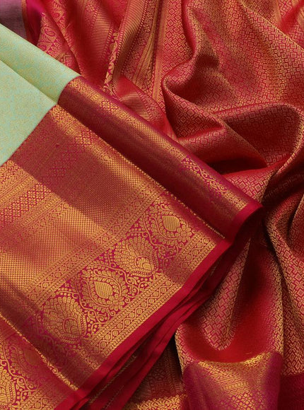 Pure kanjivaram silk saree pista green and pink with allover zari woven brocade weaves and long rich zari woven border