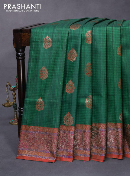 Banarasi handloom dupion silk saree green and dual shade of reddish green with thread & zari woven buttas and floral design woven border