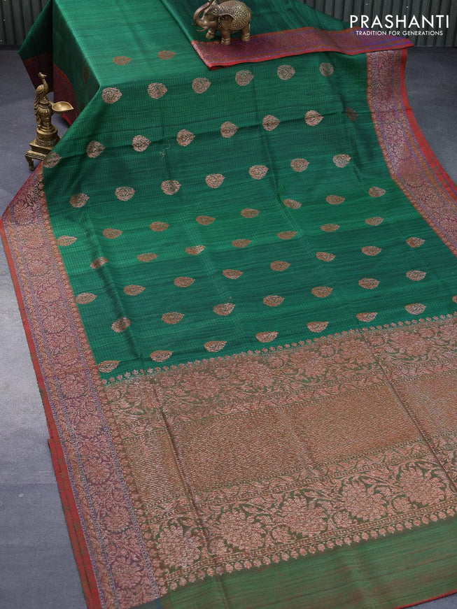 Banarasi handloom dupion silk saree green and dual shade of reddish green with thread & zari woven buttas and floral design woven border