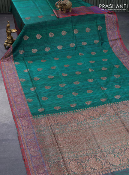 Banarasi handloom dupion silk saree teal green and dual shade of reddish green with thread & zari woven buttas and floral design woven border