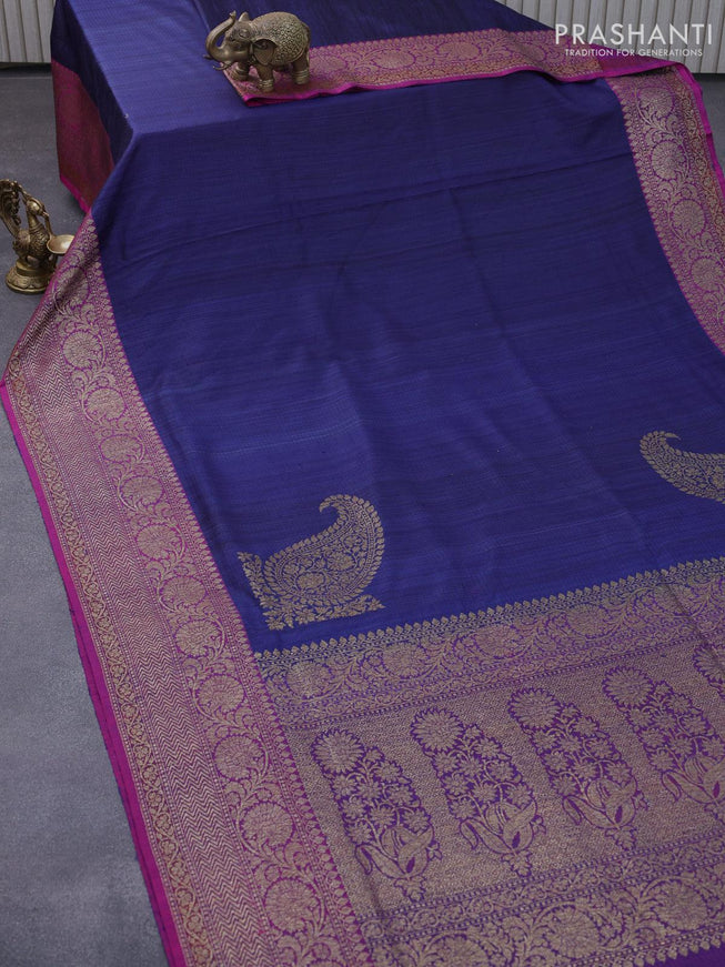 Banarasi handloom dupion silk saree navy blue and purple with plain body and floral design woven border