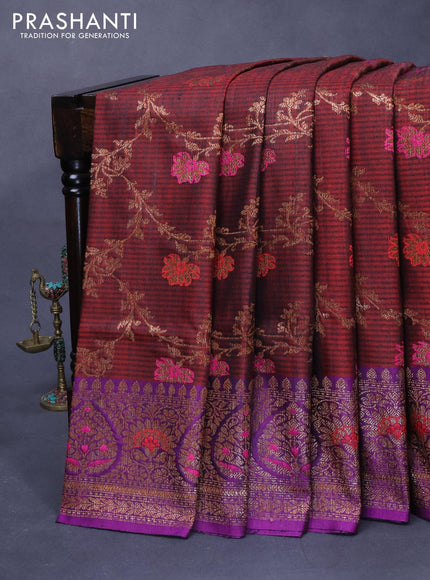 Banarasi handloom dupion silk saree deep maroon and violet with allover thread & zari woven floral weaves and floral design woven border