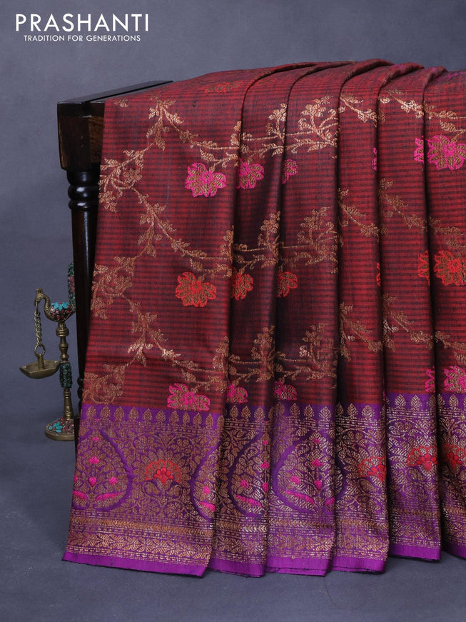 Banarasi handloom dupion silk saree deep maroon and violet with allover thread & zari woven floral weaves and floral design woven border