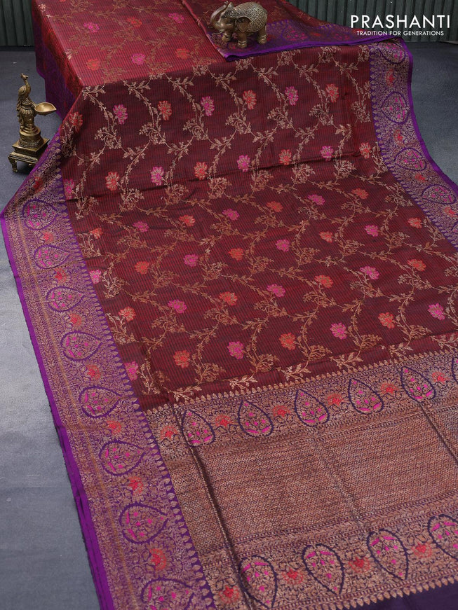 Banarasi handloom dupion silk saree deep maroon and violet with allover thread & zari woven floral weaves and floral design woven border