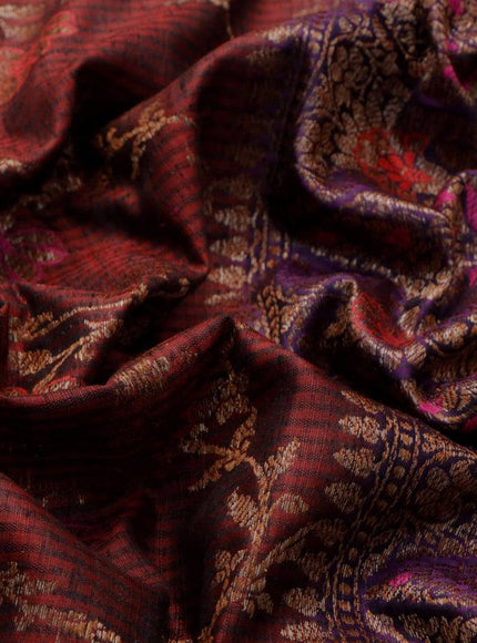 Banarasi handloom dupion silk saree deep maroon and violet with allover thread & zari woven floral weaves and floral design woven border