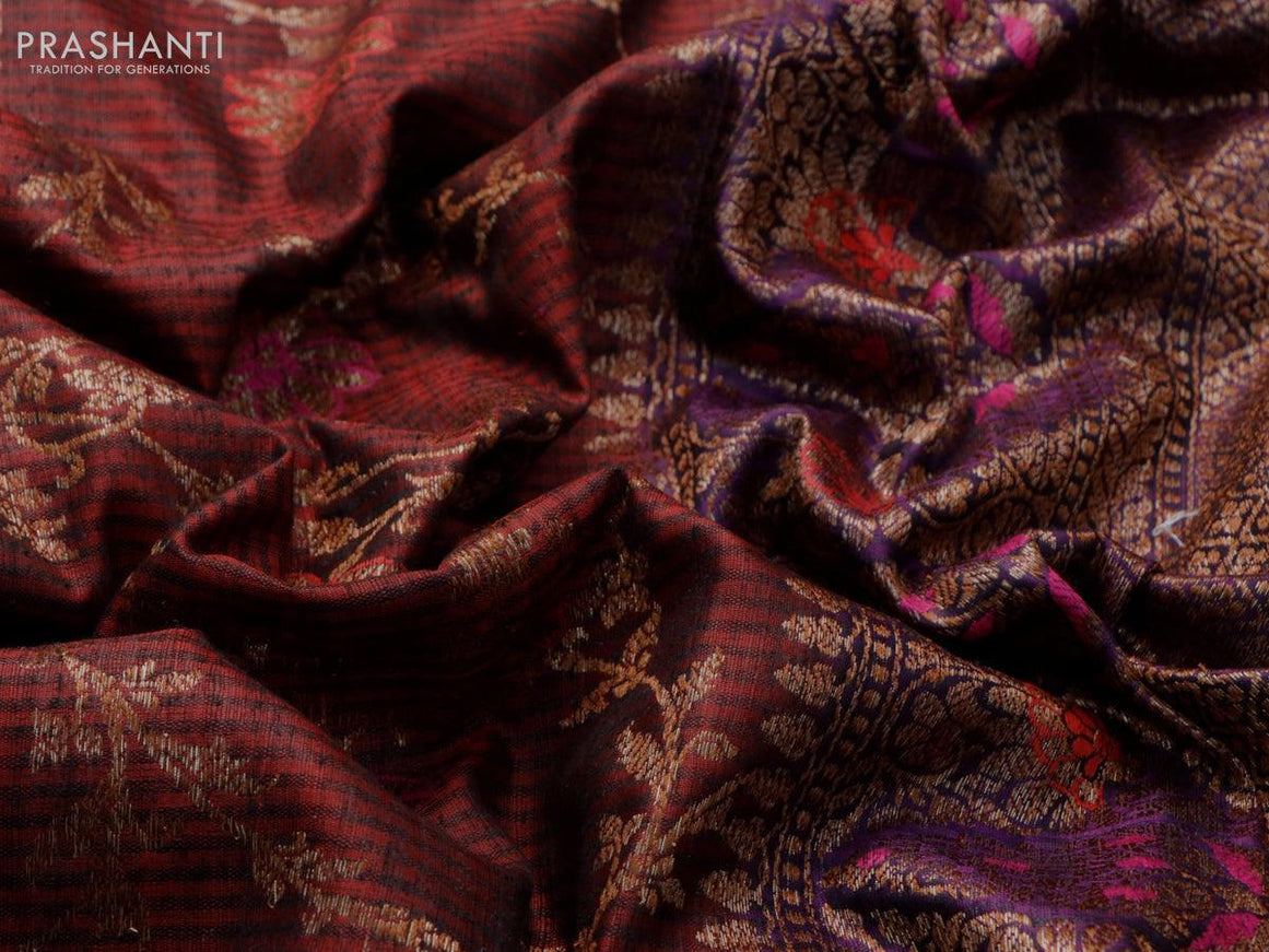 Banarasi handloom dupion silk saree deep maroon and violet with allover thread & zari woven floral weaves and floral design woven border