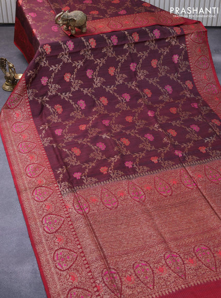 Banarasi handloom dupion silk saree deep maroon and red with allover thread & zari woven floral weaves and floral design woven border