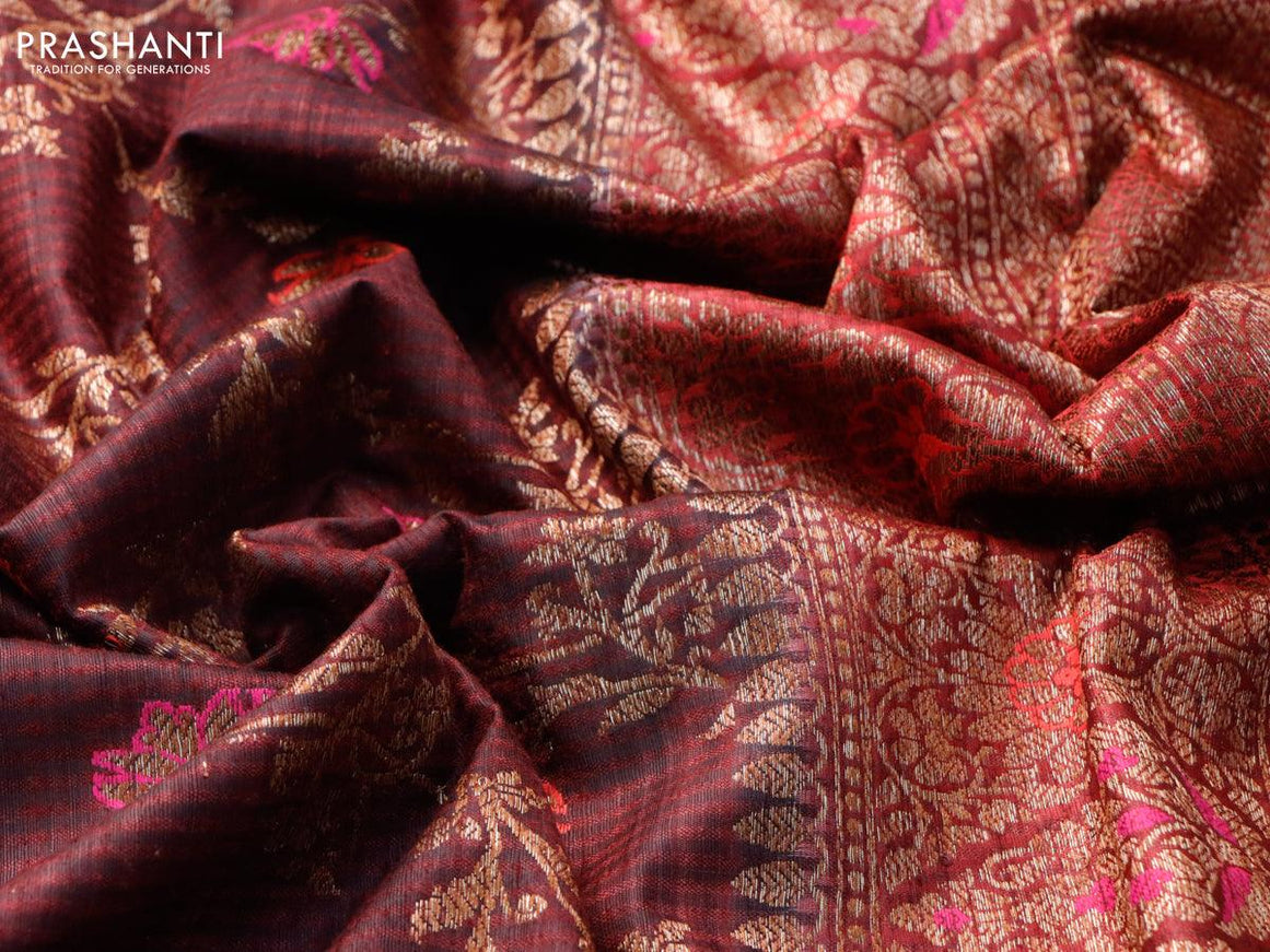 Banarasi handloom dupion silk saree deep maroon and red with allover thread & zari woven floral weaves and floral design woven border