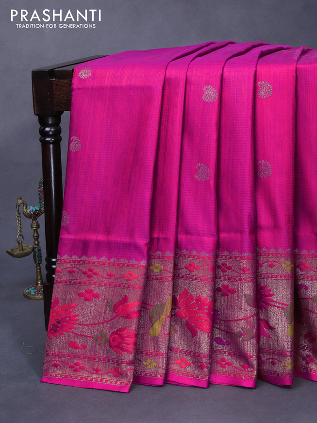 Banarasi handloom dupion silk saree dual shade of reddish purple and red with zari woven paisley buttas and zari woven floral design paithani border