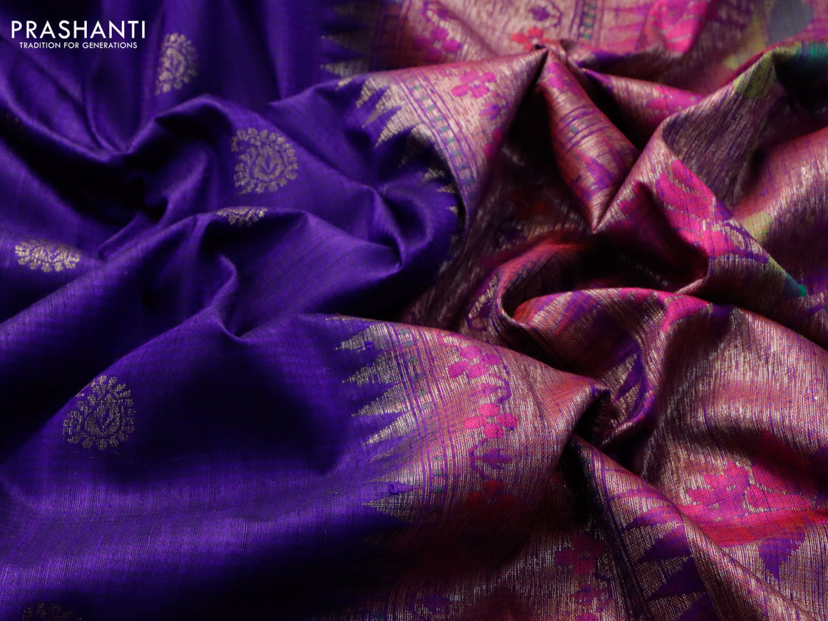 Banarasi handloom dupion silk saree blue and dual shade of reddish blue with zari woven paisley buttas and zari woven floral design paithani border