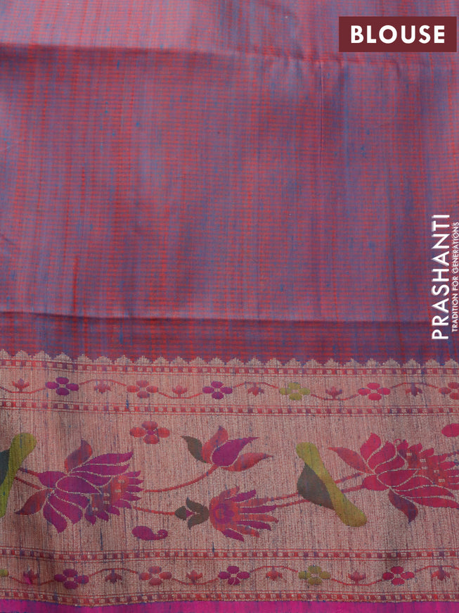 Banarasi handloom dupion silk saree peacock blue and dual shade of bluish red with zari woven paisley buttas and zari woven floral design paithani border