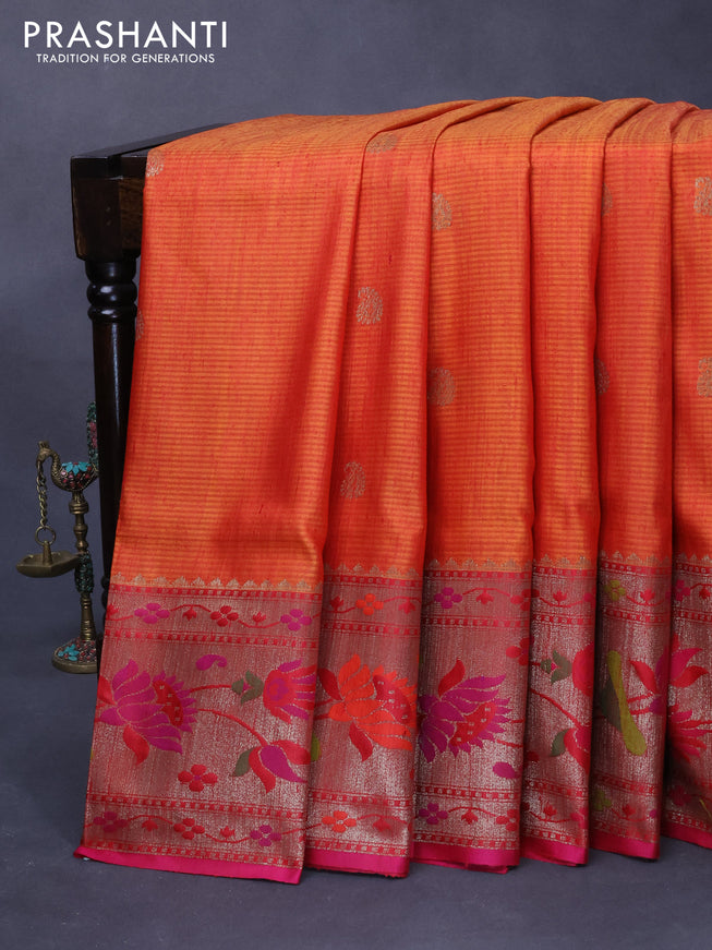 Banarasi handloom dupion silk saree dual shade of sunset orange and red with zari woven paisley buttas and zari woven floral design paithani border