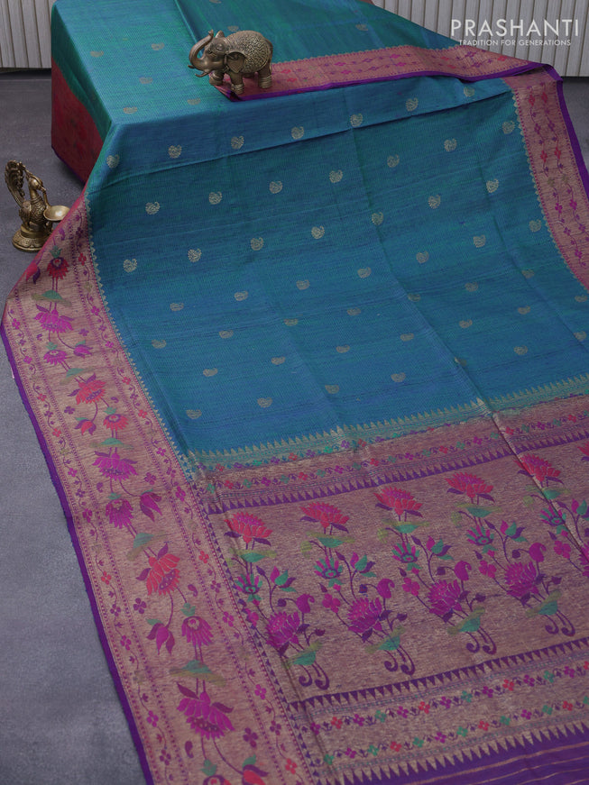 Banarasi handloom dupion silk saree dual shade of greenish blue and dual shade of reddish purple with zari woven paisley buttas and zari woven floral design paithani border