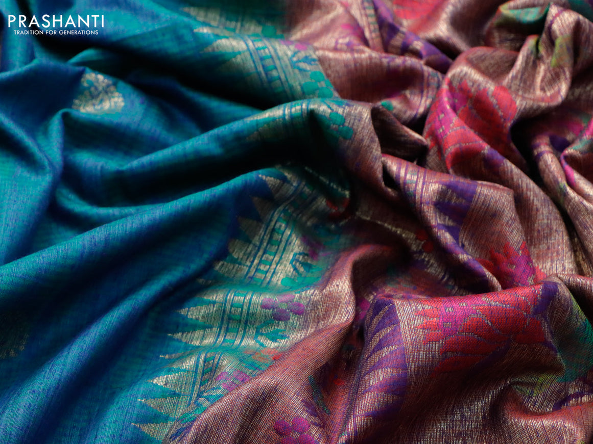 Banarasi handloom dupion silk saree dual shade of greenish blue and dual shade of reddish purple with zari woven paisley buttas and zari woven floral design paithani border