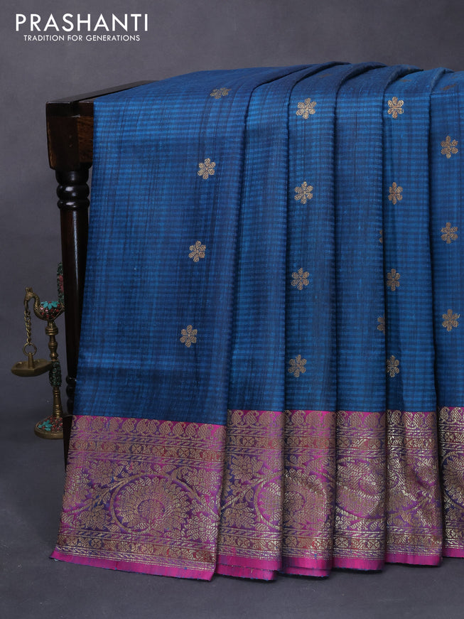 Banarasi handloom dupion silk saree cs blue and magenta pink with thread & zari woven buttas and floral design woven border
