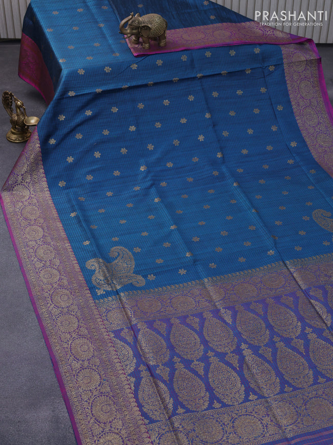 Banarasi handloom dupion silk saree cs blue and magenta pink with thread & zari woven buttas and floral design woven border