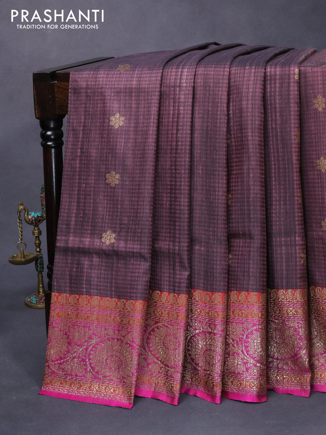 Banarasi handloom dupion silk saree rosy brown and magenta pink with thread & zari woven buttas and floral design woven border